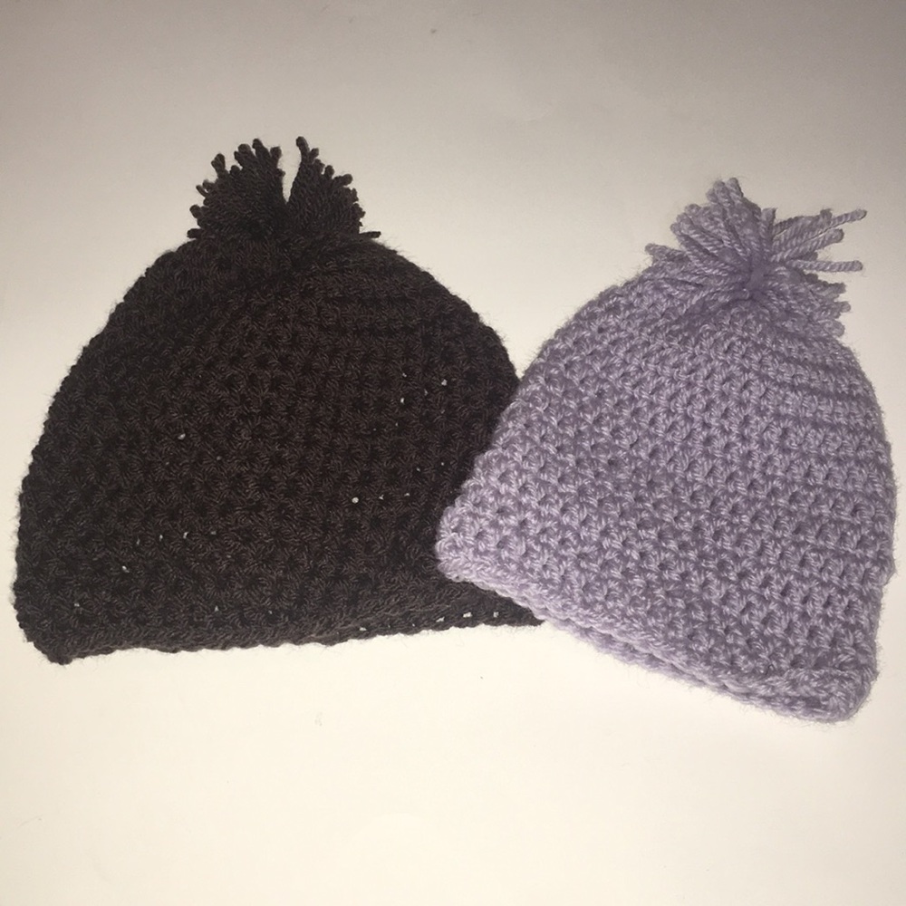 Two Handmade Women Winter Cap w/ Puff Top - Picture 1 of 5